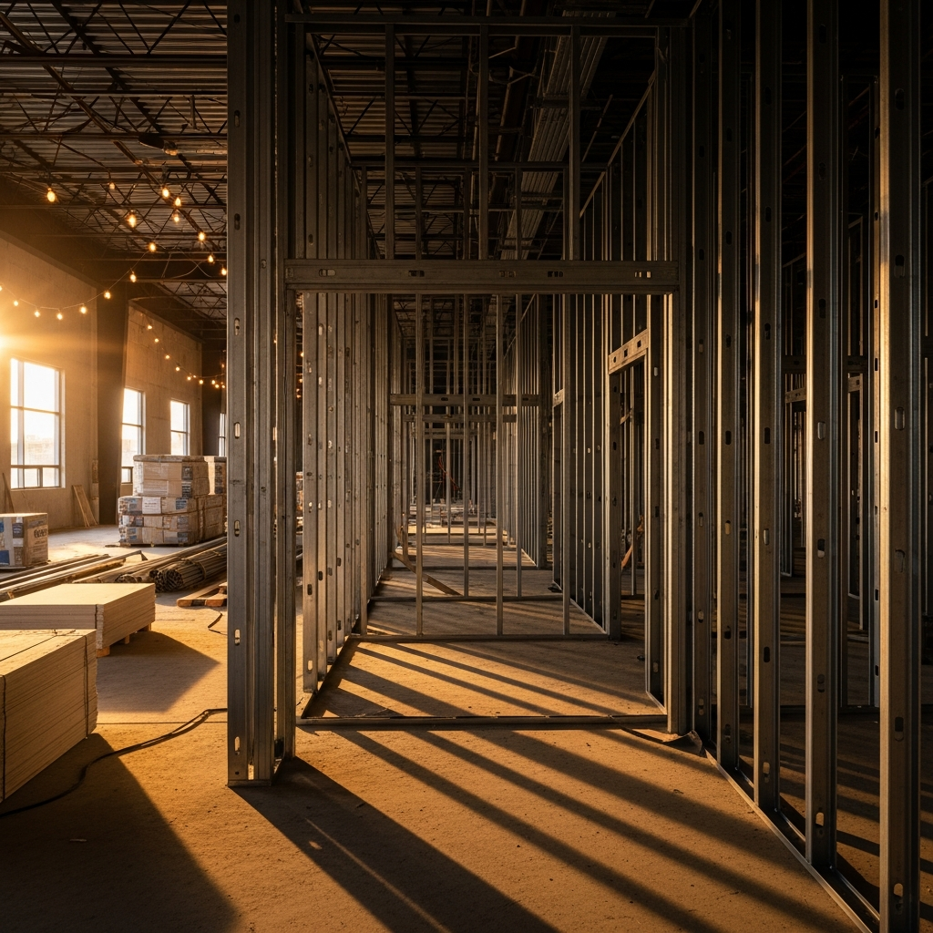 Custom home interior under construction with steel stud framing and drywall in progress, Vancouver BC. Custom home interior under construction with steel stud framing and drywall in progress, Vancouver BC.
