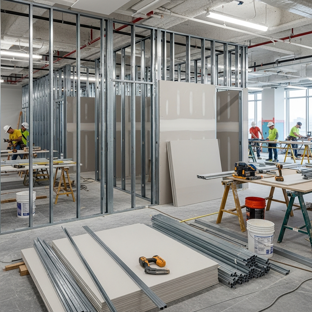 Vancouver tenant improvement build-out in progress with steel stud demising walls and a suspended T-bar ceiling grid. Vancouver tenant improvement build-out in progress with steel stud demising walls and a suspended T-bar ceiling grid.