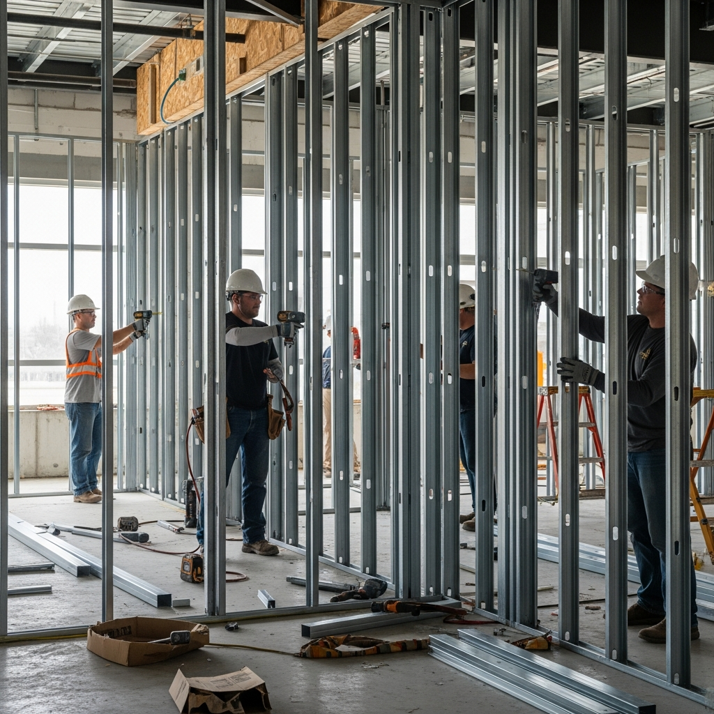 Industrial warehouse interior with suspended ceiling and steel stud demising wall installed by Rambo Walls in the Lower Mainland. Industrial warehouse interior with suspended ceiling and steel stud demising wall installed by Rambo Walls in the Lower Mainland.