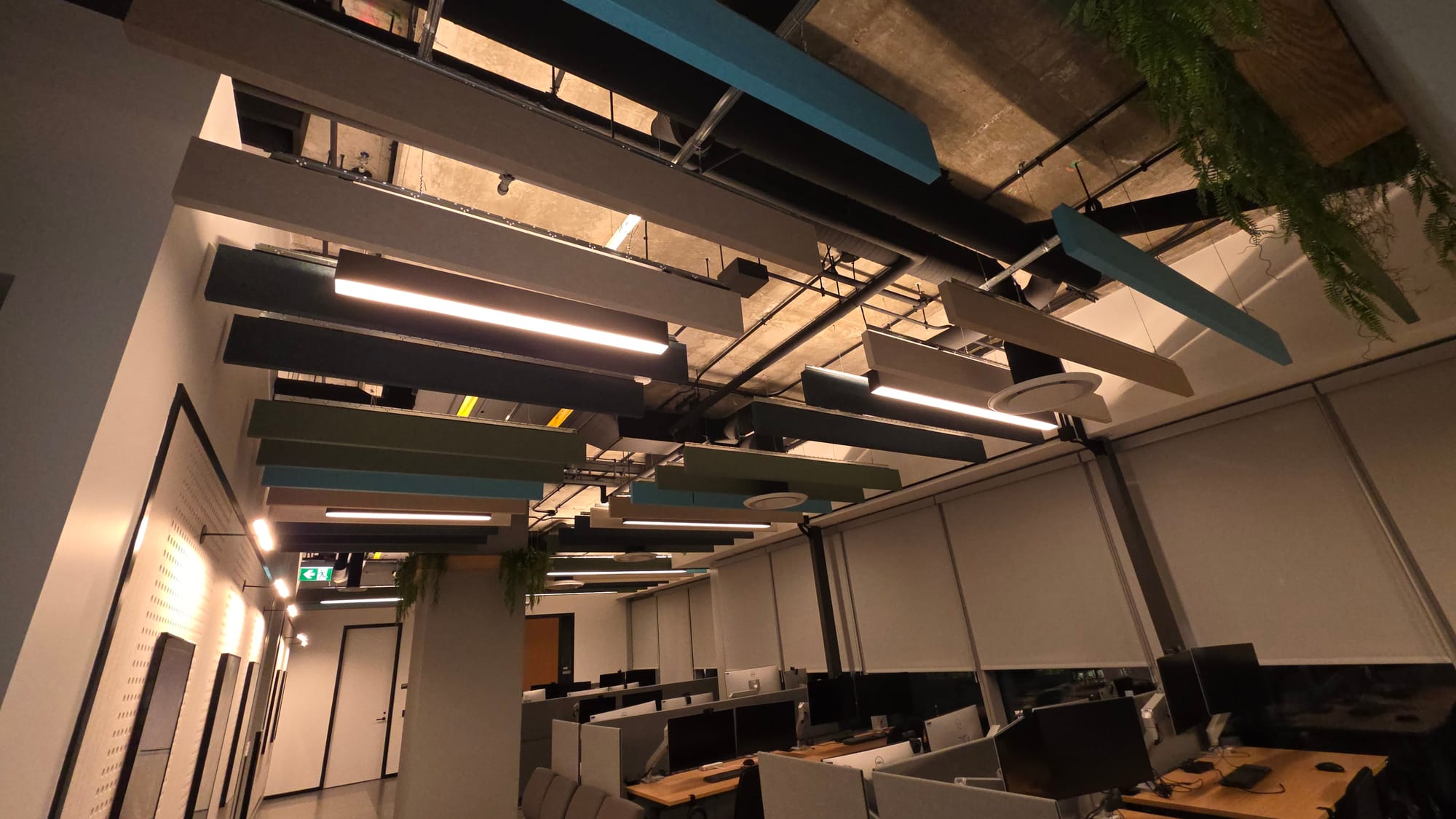 Suspended acoustic ceiling baffles installed for an ILM and Disney commercial interior project. Suspended acoustic ceiling baffles installed for an ILM and Disney commercial interior project.